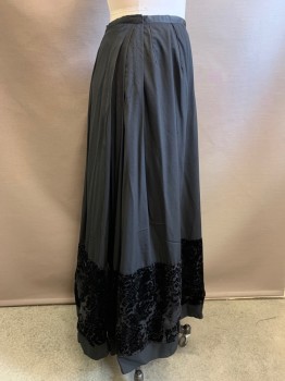 N/L, Black, Polyester, Solid, 3/4" Wide Grosgrain Waistband, Pleated At Sides with Decorative Column Of Cord Loops & Covered Buttons, Burn Out Velvet At Hem, Snap Closures At Center Back Waist, Floor Length Hem, Made To Order, Mended,