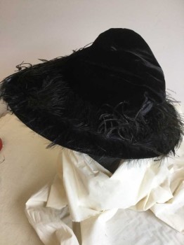 N/L, Black, Synthetic, Feathers, Solid, Black Velvet W/feather On Brim, Black Lining, (2nd Picture-2 Damaged Spots)