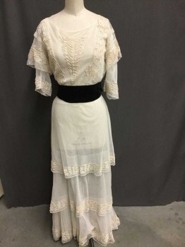 N/L, White, Black, Silk, Cotton, Solid, Sheer Cream Net, with Cream Corded Soutache Trim Throughout, Black Velvet Waistband with 3D Bow At Center Back, 1/2 Sleeves, Round Neck, 3 Tiered Skirt, Hook&Eye Closures At Center Back,