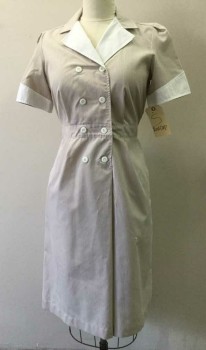 Womens, Waitress/Maid, RED CAP, White, Brown, Polyester, Stripes - Micro, S, Multiples, Double Breasted, 1/2 White Notched Lapel, Waistband Insert, 2 Pockets, Short Sleeves with White Cuff Detail, Waist Tie Attached Side Waist, Marked Small But Fits a 12 Nicely