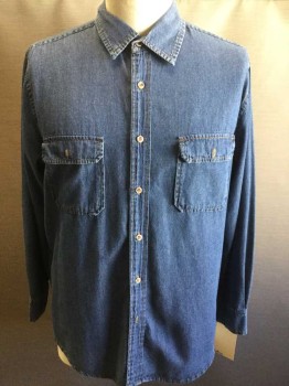 CRAFTSMAN, Denim Blue, Cotton, Solid, Button Front, 2 Pockets, Long Sleeves, Collar Attached,
