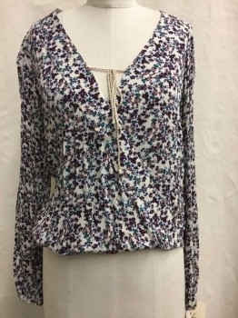 Mossimo, Ivory White, Navy Blue, Red Burgundy, Sea Foam Green, Plum Purple, Rayon, Floral, Cross Over, V-neck, With Beige Rope Self Tie, Long Sleeves With Elastic Cuffs