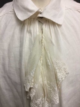 N/L, Off White, Cotton, Lace, Solid, Long Sleeves, Pullover, Collar Attached, Cream Lace Jabot Style Ruffle At Neck & Cuffs, 2 Bronze Buttons At Neck, Poufy Gathered Sleeves