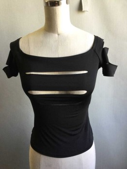 Womens, Top, NATALIE DANCEWEAR, Black, Nylon, Lycra, Solid, S, Short Sleeve,  Square Neck, Cutouts At Chest And Sleeves, Square Neck