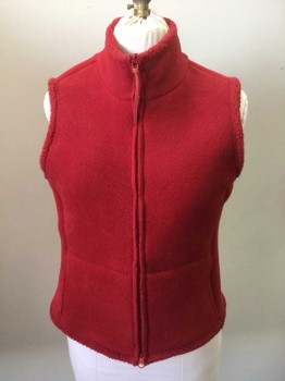 Womens, Vest, EXPRESS, Red, Polyester, Solid, L, Red Fleece, Collar Attached,  2 Pocket On Wedge Seams, Zip Front,