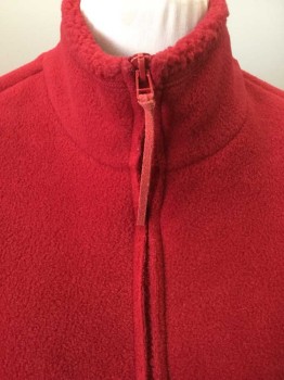 Womens, Vest, EXPRESS, Red, Polyester, Solid, L, Red Fleece, Collar Attached,  2 Pocket On Wedge Seams, Zip Front,