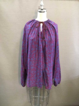 ELIZABETH & JAMES, Purple, Turquoise Blue, Silk, Floral, Slit Neck with Gathered Neckline, Long Sleeves with Elasticated Cuffs