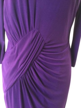 Womens, Dress, Long & 3/4 Sleeve, ADRIANNA PAPELL, Aubergine Purple, Polyester, Spandex, Solid, 6, Boat Neck, Crossover Gathered at CF Waist with Gathered Diagonal Section, CB Zipper