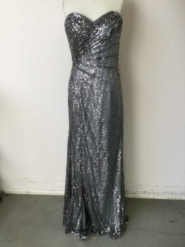 Womens, Evening Gown, FABULUXE, Black, Silver, Sequins, Synthetic, Novelty Pattern, XS, Black Mesh Over Solid Silver, Silver Swirl Sequins, Sweetheart Strapless, Pleated From Side Waist Horizontally, Side Zip, Floor Length Hem