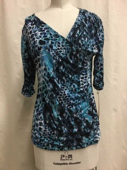 STYLE & CO, Navy Blue, Lt Blue, Sea Foam Green, White, Spandex, Polyester, Abstract , Multi Blue/ Sea Foam Green/ White Abstract Busy Print, Asymmetrical Ruched Bust, V-neck, 3/4 Ruched Sleeves