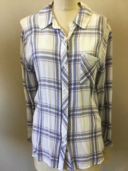 Womens, Blouse, RAILS, White, Blue, Lt Pink, Rayon, Plaid, L, Long Sleeves, Button Front, Collar Attached, 1 Pocket,
