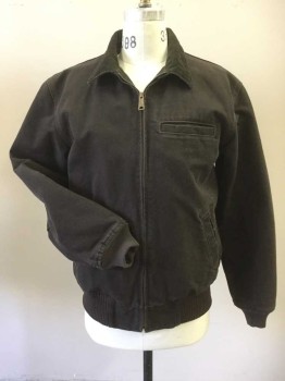 Mens, Casual Jacket, CARHARTT, Dk Brown, Cotton, Polyester, Solid, L, Heavy Canvas Jacket With, Dark Brown Corduroy Collar, Zip Front, Quilted Black Polyester Lining, 3 Pockets. Polyester Rib Knit, Knit Cuffs & Waist