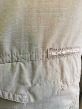 EXOFFICIO, Olive Green, Nylon, Polyester, Solid, Outdoor/Rugged Wear, Self Grid Texture Fabric, Long Sleeve Button Front, Collar Attached, 2 Flap Pockets with Velcro Closures, Ex Officio Logo Above Right Pocket