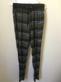 Womens, Pants, H&M, Black, White, Yellow, Polyester, Spandex, Geometric, Stripes - Horizontal , S, Black with Assorted Dots, Dashes, Tiny Squares Etc In White and Yellow, Elastic Waistband Is 2" Wide and Solid Black (no Pattern), Gold Grommets with Black Drawstring Ties, Tapered Legs, 2 Side Seam Pockets