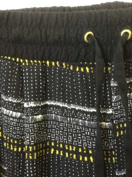 H&M, Black, White, Yellow, Polyester, Spandex, Geometric, Stripes - Horizontal , Black with Assorted Dots, Dashes, Tiny Squares Etc In White and Yellow, Elastic Waistband Is 2" Wide and Solid Black (no Pattern), Gold Grommets with Black Drawstring Ties, Tapered Legs, 2 Side Seam Pockets