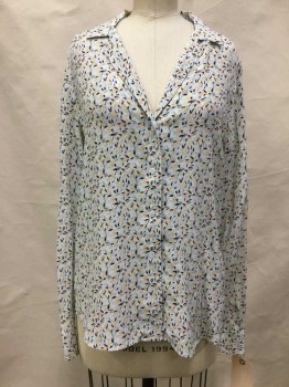 Womens, Blouse, EQUIPMENT, White, Multi-color, Silk, Floral, M, White with Multi Color Floral Print, V-neck, Notched Lapel, Long Sleeves, Button Front,
