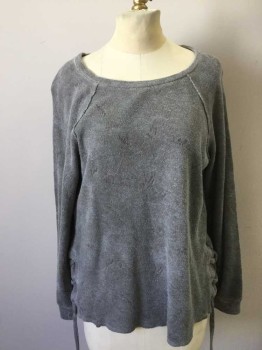 KNOX ROSE, Gray, Poly/Cotton, Rayon, Floral, Casual Athlesiure Sweat Shirt L/s, Ghost Floral Brocade, Slit at Side Seam with Large Silver Grommits & Self Lacing