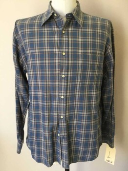 J CREW, Blue, Brown, Tan Brown, Cotton, Plaid, Button Front, Collar Attached, Long Sleeves, 1 Pocket