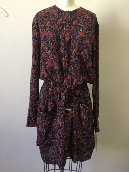 Womens, Dress, Long & 3/4 Sleeve, ALC, Navy Blue, Red, White, Silk, Polyester, Abstract , 6, Sheer Navy with Red/white Abstract Print, Button Front, Drawstring Waist, 2 Pockets, Long Sleeves,