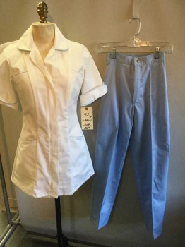 Womens, Nurse, Top/Smock, ALEXANDRA, White, Lt Blue, Polyester, Solid, 24W, 32B, 2 Piece, White with Ltblue Piping Trim, Short Sleeve, Zip Front, Collar Attached, 4 Pockets, with Ltblue Pants, See Photo Attached,