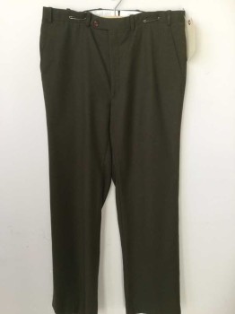 Mens, Slacks, T SCURRIE, Moss Green, Wool, Solid, 30, 38, Flat Front,