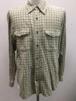 Mens, Casual Shirt, RUSTIC RIVER, Beige, Olive Green, Gray, Cotton, Check , L, Flannel, Long Sleeve Button Front, Collar Attached, 2 Flap Pockets