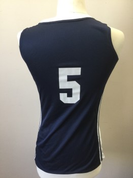 Unisex, Jersey, NIKE DRI FIT, Navy Blue, White, Polyester, Color Blocking, S, Navy with White V-neck, White Panels at Sides with Navy Stripes, Sleeveless, "5" at Front and Back