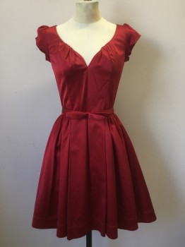 Womens, Cocktail Dress, TRASHY DIVA, Red, Silk, Solid, B:34, 2, W:24, Gathered Sweetheart Neck, Cap Sleeve, Zip Back, Gathered Side Waists and Back Waist, Knee Length, Self Bow Belt