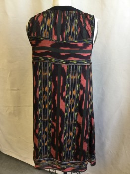 PROENZA SCHOULER, Black, Olive Green, Salmon Pink, Neon Green, Neon Yellow, Silk, Abstract , Stripes - Vertical , Solid Black Lining & Trim Round Neck,  Front Center, Sleeveless Arm Holes, Cover Black with Brass Trim Button Front,