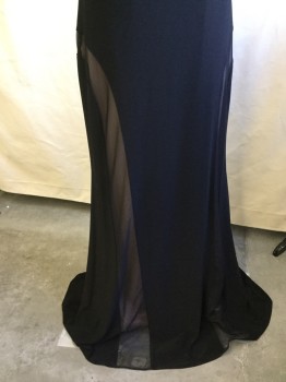 Womens, Evening Gown, NW NIGHT WAY, Black, Blush Pink, Polyester, Spandex, Solid, Color Blocking, 12, Solid Black, Sheer Black with Lt Beige Lining Panel, Thin Round Neck,  Razor Back with Big Key Hole with One Cover Button, Zip Back,