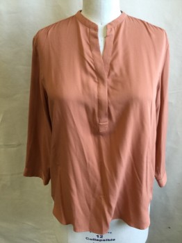 UNIQLO, Salmon Pink, Rayon, Polyester, Solid, V-neck with Mandarin/Nehru Collar, Hidden 2 Button Front, 3/4 Sleeves, High-Low Hem