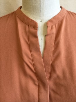 UNIQLO, Salmon Pink, Rayon, Polyester, Solid, V-neck with Mandarin/Nehru Collar, Hidden 2 Button Front, 3/4 Sleeves, High-Low Hem