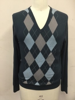 Mens, Pullover Sweater, BANANA REPUBLIC, Slate Blue, Baby Blue, Gray, Silk, Cotton, Argyle, M, Dark Slate Blue with Argyle Front, Long Sleeves, V-neck, Ribbed Knit Neck/Waistband/Cuff