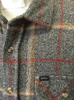 OBEY, Charcoal Gray, Gray, Brick Red, Mustard Yellow, Butter Yellow, Cotton, Plaid-  Windowpane, Speckled, Charcoal and Gray Speckled with Brick, Mustard and Butter Yellow Windowpane Stripes, Flannel, Long Sleeve Button Front, Collar Attached, 2 Button Flap Pockets