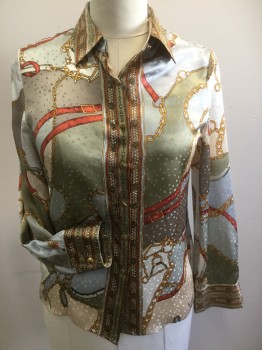 TALBOTS, Beige, Taupe, Lt Gray, Rust Orange, Goldenrod Yellow, Silk, Novelty Pattern, Button Front, Long Sleeves, Collar Attached, Gold Metal Buttons, Chains & Straps Print, Silky