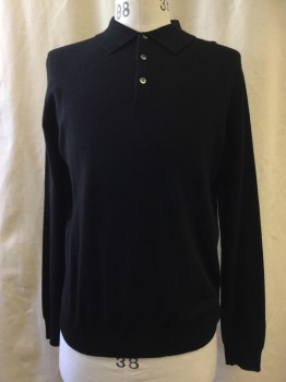 Mens, Pullover Sweater, BLOOMINGDALES, Black, Wool, Solid, M, Polo Style