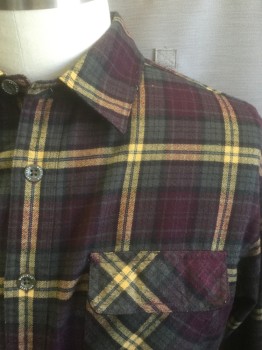WOOLRICH, Dk Olive Grn, Red Burgundy, Mustard Yellow, Black, Polyester, Plaid, Flannel, Long Sleeve Button Front, Collar Attached, 2 Patch Pockets with Velcro Flap Closures