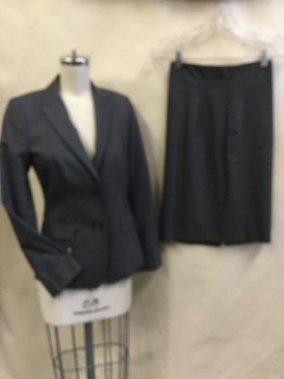 CLUB MONACO, Charcoal Gray, Silver, Wool, Spandex, Stripes - Vertical , Jacket:  Charcoal Gray with Broken Fine Silver Vertical Stripes, Dark Gray Lining, Notched Lapel, Single Breasted, 2 Button Front, 2 Pockets with Flap, Long Sleeves, 1 Split Center Back Hem, with Matching Skirt