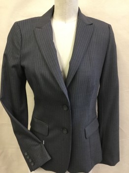 Womens, Suit, Jacket, CLUB MONACO, Charcoal Gray, Silver, Wool, Spandex, Stripes - Vertical , 0, Jacket:  Charcoal Gray with Broken Fine Silver Vertical Stripes, Dark Gray Lining, Notched Lapel, Single Breasted, 2 Button Front, 2 Pockets with Flap, Long Sleeves, 1 Split Center Back Hem, with Matching Skirt