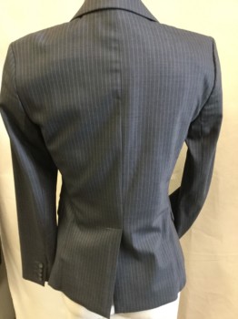 CLUB MONACO, Charcoal Gray, Silver, Wool, Spandex, Stripes - Vertical , Jacket:  Charcoal Gray with Broken Fine Silver Vertical Stripes, Dark Gray Lining, Notched Lapel, Single Breasted, 2 Button Front, 2 Pockets with Flap, Long Sleeves, 1 Split Center Back Hem, with Matching Skirt