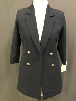 Womens, Blazer, MURAL, Navy Blue, Polyester, Solid, M, Double Breasted, Notched Lapel, Long Length, 3/4 Sleeves, 2 Pockets,