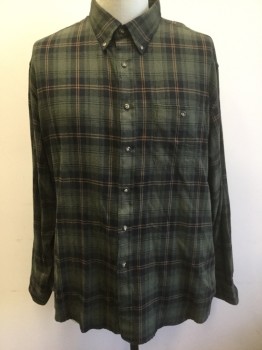 G.H. BASS & CO, Olive Green, Black, Brown, Cotton, Plaid, Flannel, Long Sleeve Button Front, Collar Attached, Button Down Collar, 1 Pocket, with Button Closure