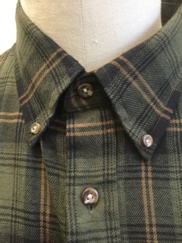 G.H. BASS & CO, Olive Green, Black, Brown, Cotton, Plaid, Flannel, Long Sleeve Button Front, Collar Attached, Button Down Collar, 1 Pocket, with Button Closure
