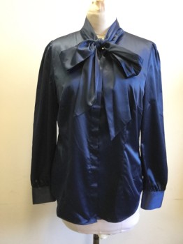 HAWES & CURTIS, Navy Blue, Polyester, Elastane, Solid, Satin, Button Front, Hidden Placket, Long Sleeves, Bow Collar Attached