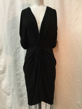 HAUTE HIPPIE, Black, Rayon, Solid, Black, Plunge Neck, Gathered & Knotted Center Front, Sleeveless