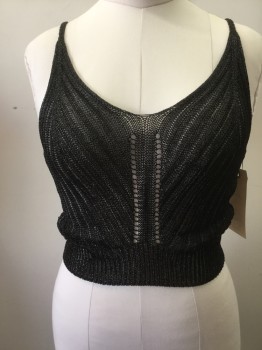 LOVE SENSE, Black, Viscose, Lurex, Solid, See Through Scratchy Ribbon Weave in Ribbed Pattern, V-neck, Spaghetti Straps, Cropped