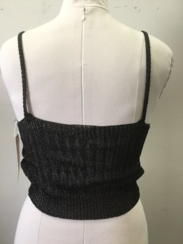 LOVE SENSE, Black, Viscose, Lurex, Solid, See Through Scratchy Ribbon Weave in Ribbed Pattern, V-neck, Spaghetti Straps, Cropped