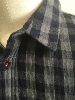 SCOTCH & SODA, Navy Blue, Gray, Cotton, Linen, Gingham, Check , Gray and Dark Navy Gingham, Gauzy Material, Long Sleeve Button Front, Collar Attached, Lining is Navy with Cream Horizontal Stripes