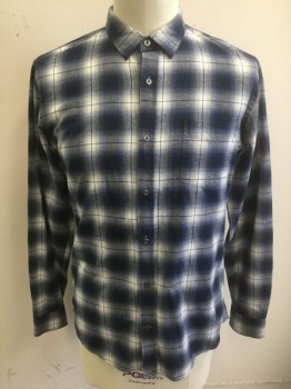 VINCE, Navy Blue, Black, Gray, White, Cotton, Plaid, Grid , Shadow Plaid with Black Thin Grid Lines Pattern, Flannel, Long Sleeve Button Front, Collar Attached, 1 Patch Pocket