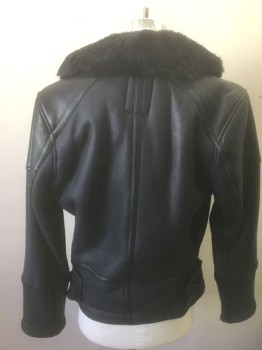 Mens, Leather Jacket, G-STAR RAW, Black, Leather, Shearling, Solid, M, Cow and Sheep Leather Panels, Zip Front, Plush Collar and Lining, Kangaroo Pockets in Front, 1 Zip Pocket on Chest, Self Buckles at Side Waist